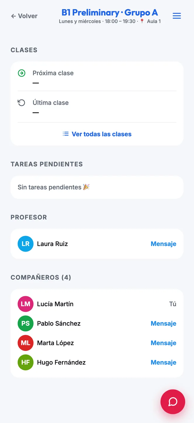 Grupo del alumno con clases, profesor y compañeros