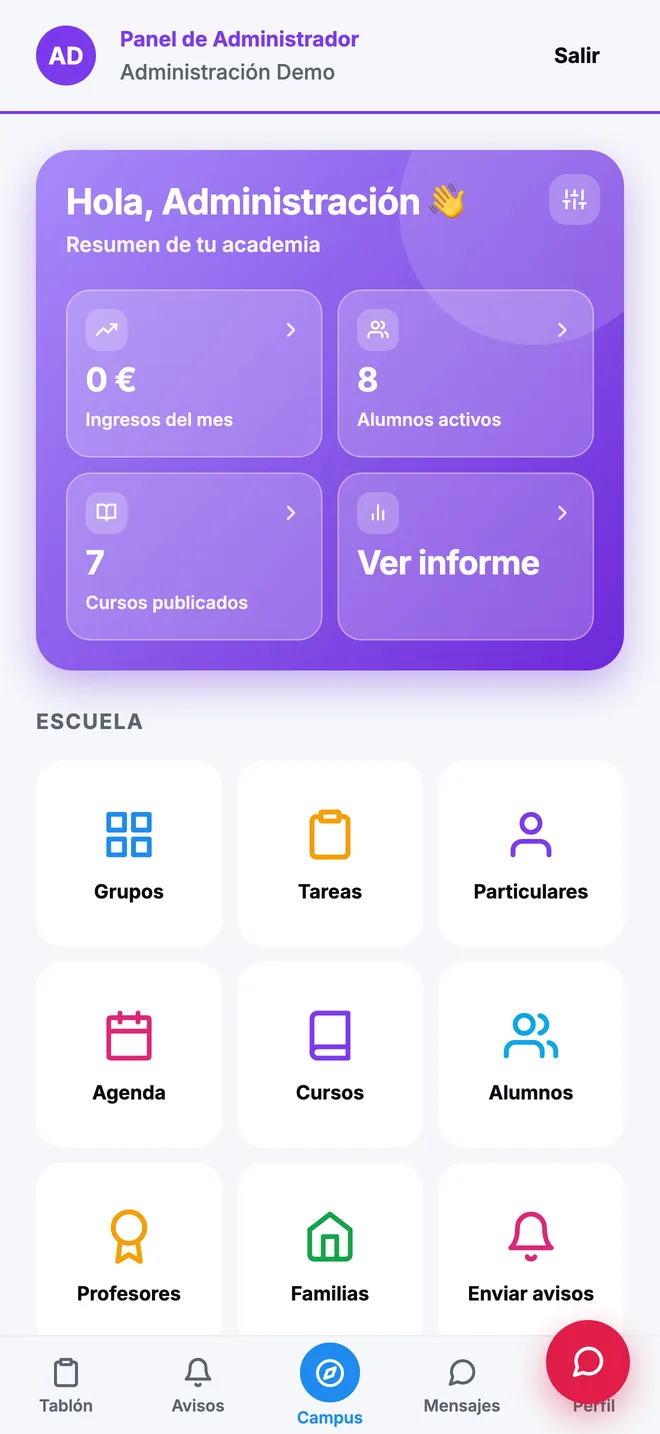Panel de administración de la academia