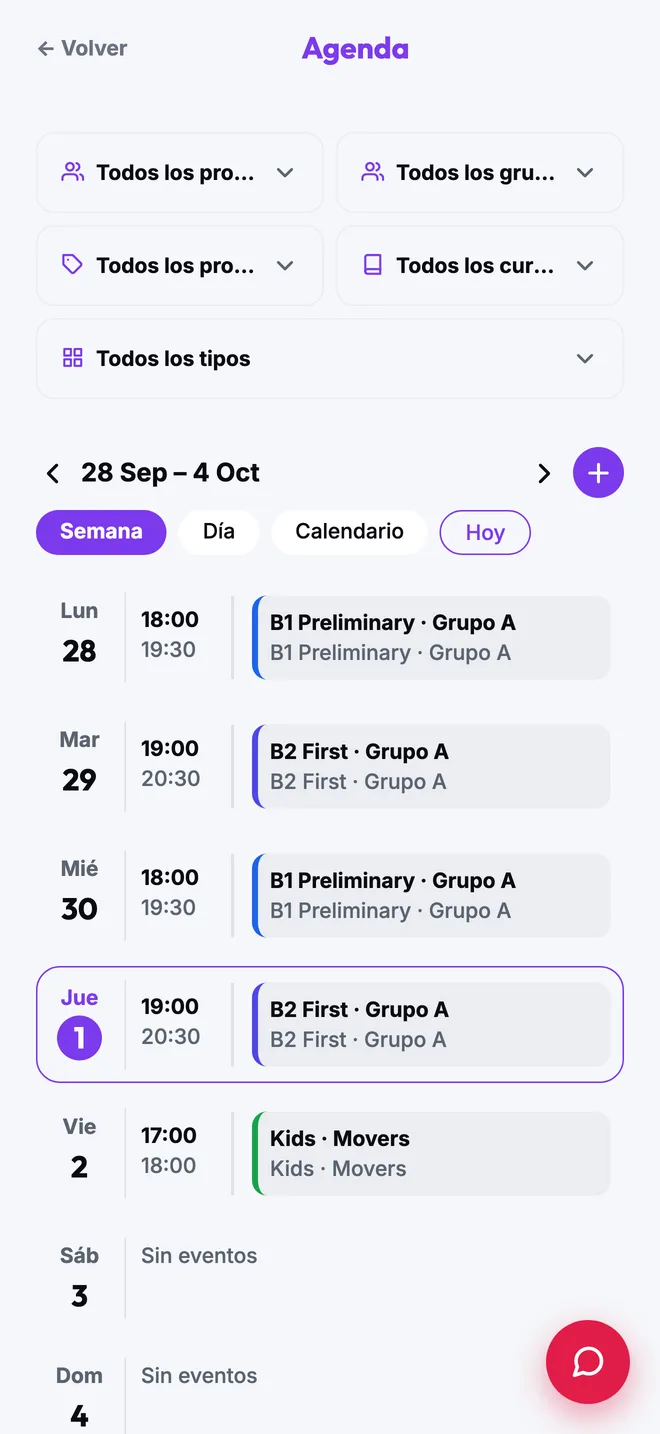 Agenda de la academia con filtros