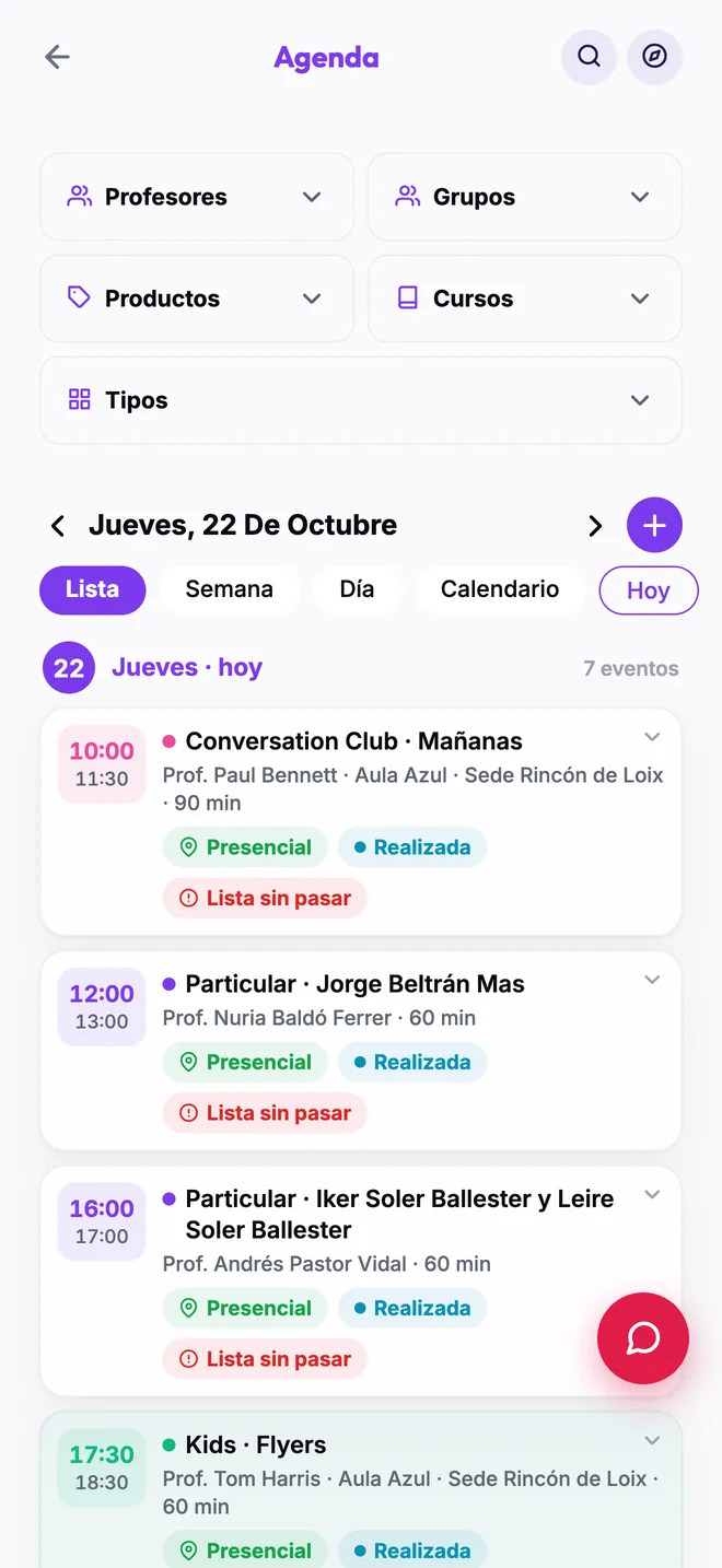 Agenda del día con las clases de toda la academia