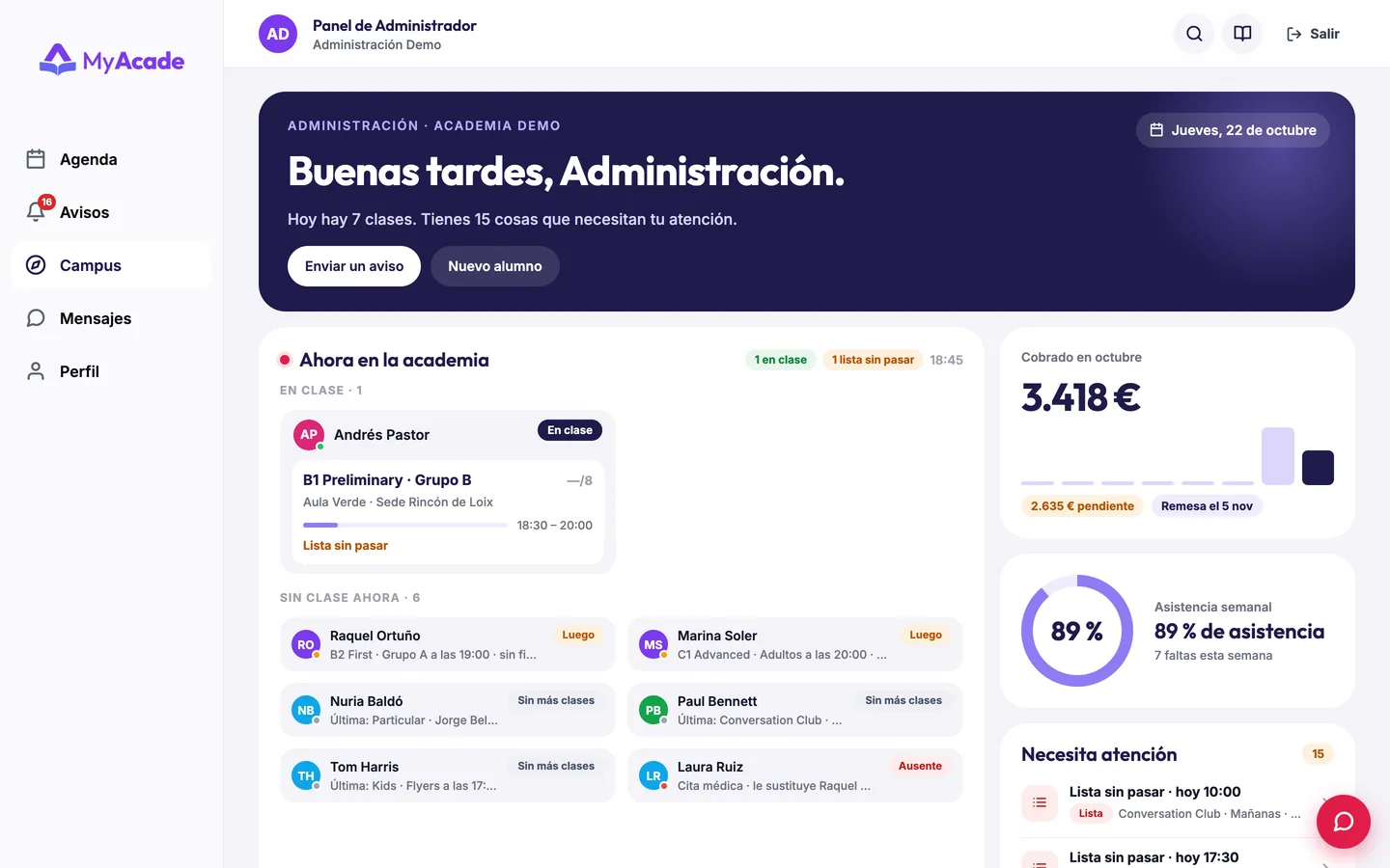 Campus de dirección en el ordenador con Ahora en la academia, cobros, asistencia y lo que necesita atención