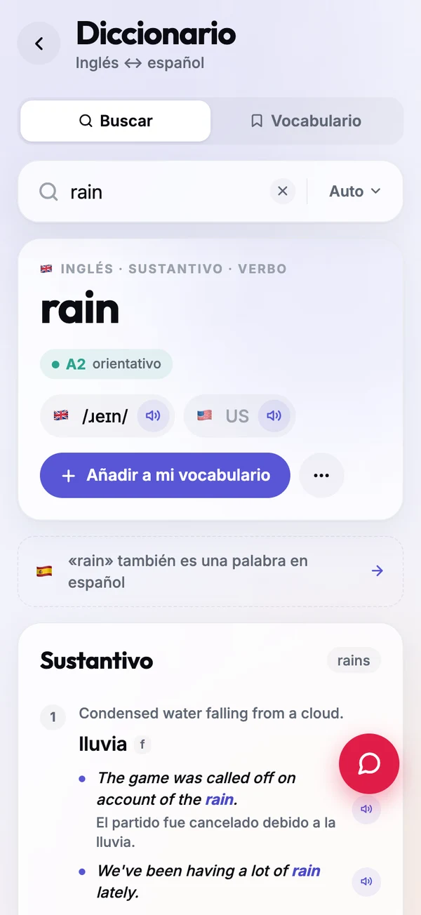 Ficha de la palabra rain con pronunciación británica y americana, acepciones y ejemplos